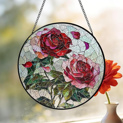 Pink Red Roses Stained Glass Window Hanging Suncatchers Valentine Roses Glass Panel Hangings Vintage Floral Window Decor Flowers Lovers Gift for Women Mom Spring Garden Nature Ornament 7.9inch