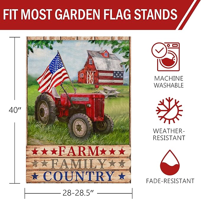Furiaz July 4th Farm Family Country Barn Tractor American Patriotic House Flag, USA America Memorial Day Garden Yard Decorative Home Outside Decoration, Summer Farmhouse Outdoor Large Decor 28 x 40