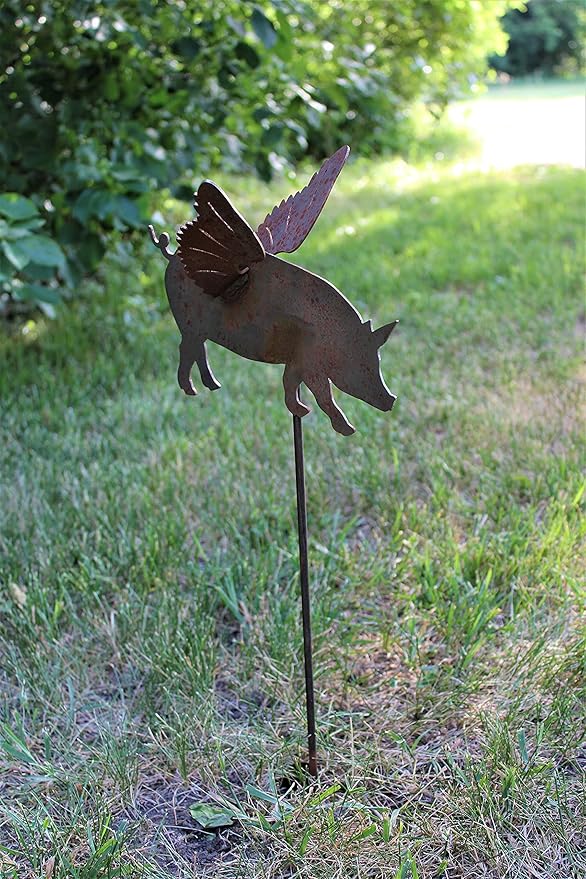 Pets and Farm Animals Metal Garden Landscape Stake (9" Wide Flying Pig on Stake, Gray)