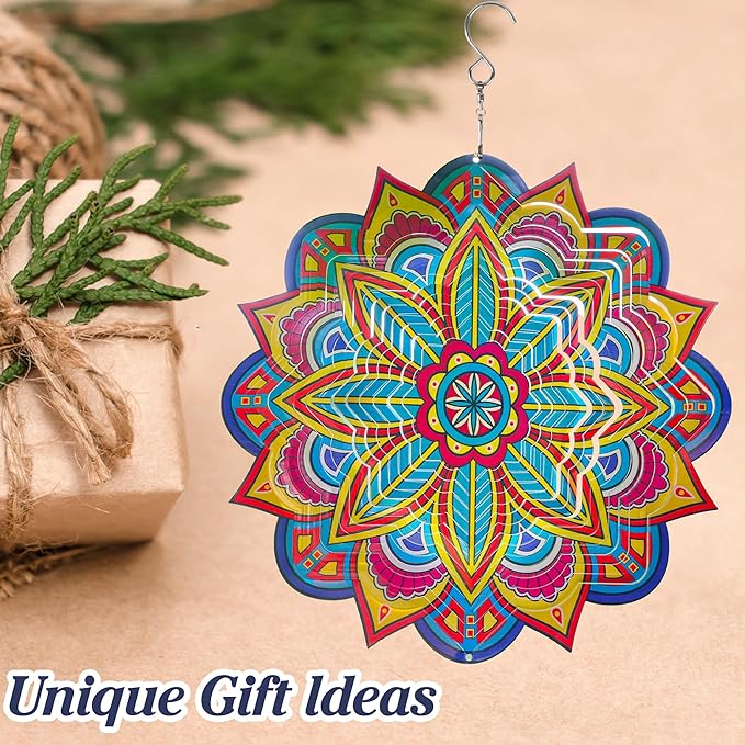 Mandala Wind Spinners, 12inch Metal Wind Spinners Outdoor for Yard and Garden, Stainless Steel Hanging Wind Spinner, Kinetic Yard Art Garden Decor Ornament Gifts
