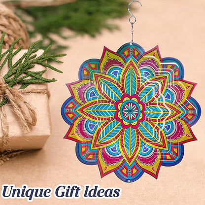Mandala Wind Spinners, 12inch Metal Wind Spinners Outdoor for Yard and Garden, Stainless Steel Hanging Wind Spinner, Kinetic Yard Art Garden Decor Ornament Gifts