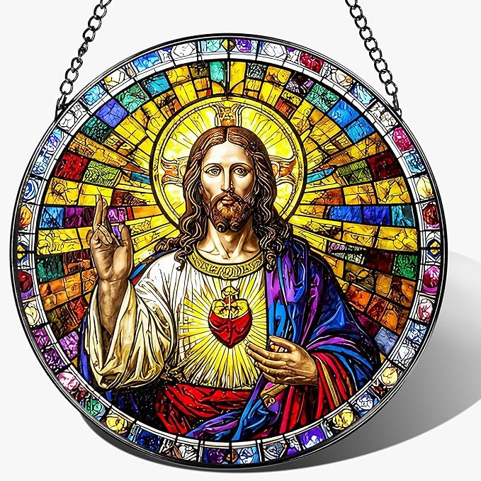 8'' Sacred Heart of Jesus Stained Glass Suncatcher, Stained Glass Window Hanging, Religious Ornament, Christian Home Decor, Gifts for Christmas, Christian Gift, Religious Gift
