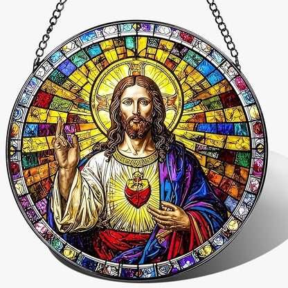 8'' Sacred Heart of Jesus Stained Glass Suncatcher, Stained Glass Window Hanging, Religious Ornament, Christian Home Decor, Gifts for Christmas, Christian Gift, Religious Gift