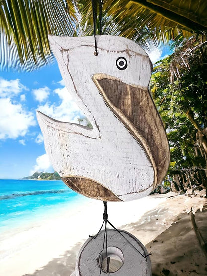Coastal Pelican Windchime – Whitewashed Bamboo & Distressed White Wood Hanging Outdoor Garden Décor – Relaxing Calming Deep Tones
