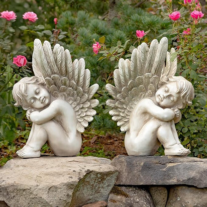 Zaer Ltd. Set of 2 Cherub Statues in Stone Grey Finish (20" T. Thomas & James)