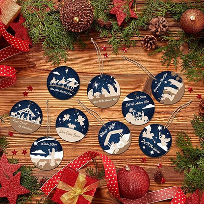 Soaoo 60 Pcs Nativity Scene Christmas Tree Ornament Christian Religious Ornaments Bulk Round Nativity Xmas Tree Hanging Wooden Decorations for Garden Yard Outdoor Home(Classic Style)