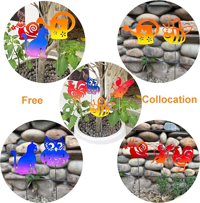 7PCS Metal Small Animal Decoration Stakes with Owl, Cat, Bee, Rooster, Snail, Fairy, and Flower Pot Designs - Hollow Out Silhouette Yard Art for Outdoor Patio Lawn Garden Decor