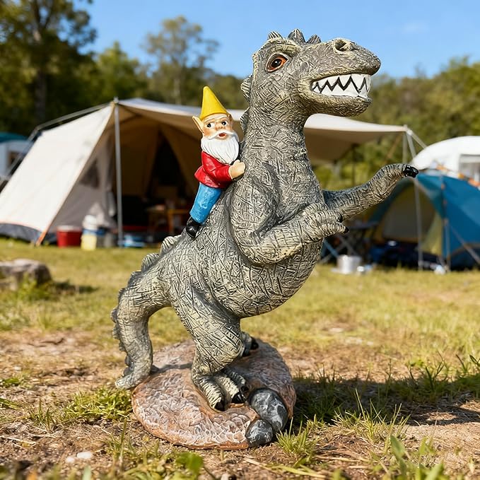 Garden Gnome Riding Dinosaur Statue - Resin Outdoor Decor, 8.7" Funny Garden Dino Gnome Statue for Patio & Lawn Ornament Whimsical Sculpture Gift,Gifts for Women