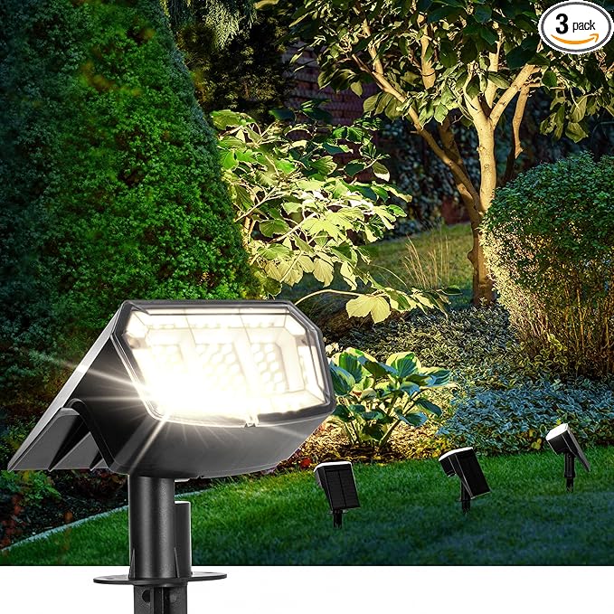AUDERWIN Solar Spot Lights Outdoor 63 LED 3 Lighting,Waterproof IP65 Modes Spotlights for Outside House Yard Garden Landscape Lights 3 Pack (Natural Light)