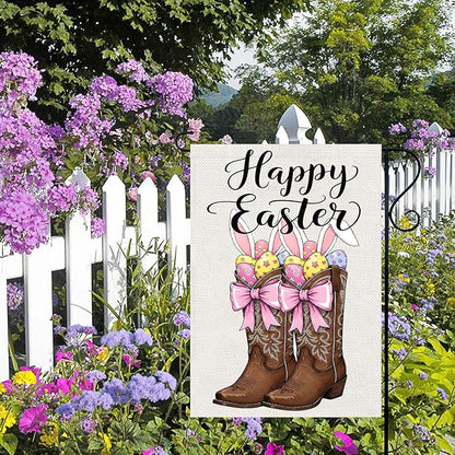 Happy Easter Garden Flags 12x18 Inch Vertical Double Sided Outside, Easter Eggs Bunny Boots Spring Yard Flag Decor, Holiday Outdoor Decorations for Home