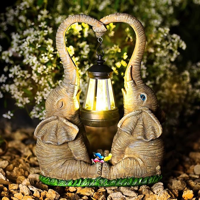 Elephant Statue Garden Decor with LED Solar Lights-Set of 2 Good Luck Elephant Outdoor Statue Elephant Gifts for Women Garden Statues for Yard Patio,Porch,Home for Women