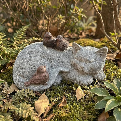 Resin Sleeping Cat Memorial Statue with Birds – Indoor Outdoor Garden Figurine Decor for Patio, Yard & Home, Realistic Tribute Sculpture, Sympathy Gift for Pet Lovers (11.4×7.3×5.9 in)