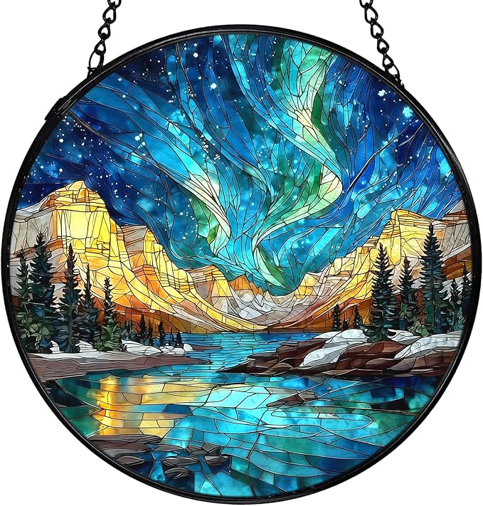Nature Mountain Aurora Borealis Suncatchers Stained Glass Window Hanging, Northern Lights Sun Catchers Indoor Window Glass Round Wall Decor, Nature Wall Hanging Decorations, 7.9x7.9in