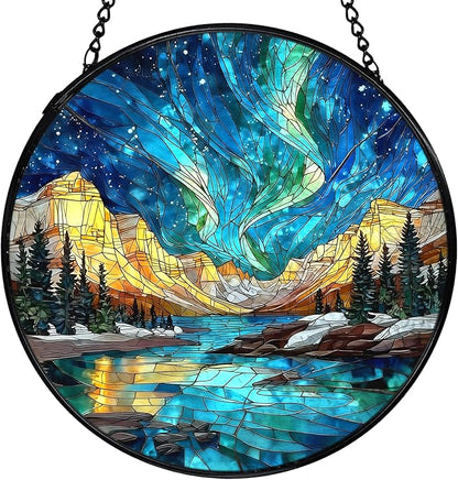 Nature Mountain Aurora Borealis Suncatchers Stained Glass Window Hanging, Northern Lights Sun Catchers Indoor Window Glass Round Wall Decor, Nature Wall Hanging Decorations, 7.9x7.9in
