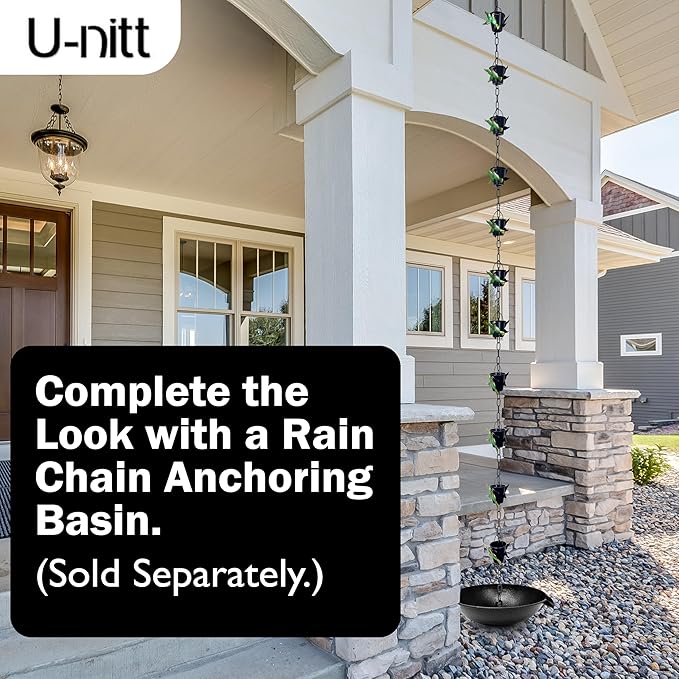 U-nitt Rain Chain Water Collection for Gutters Rainwater Catcher & Diverter, 8.5 FT Chains for Outside Garden, Bird Bucket Cups, Roof Downspout, Works with Heavy Rain, w/ Gutter Clip for Rainchains