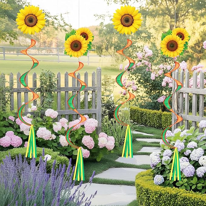 Gerrii 4 Pcs Spring Sunflower Windsock for Outside Sunflower Wind Spinner Hanging Decor Springtime Wind Twister Windmill for Yard Garden Patio Home Supply