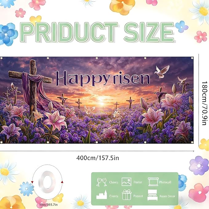 Easter Garage Door Banner Cover, Easter Cross Flowers Spring Party Backdrop Decor, Garage Door Cover For Outdoor Yard Holiday Decoration