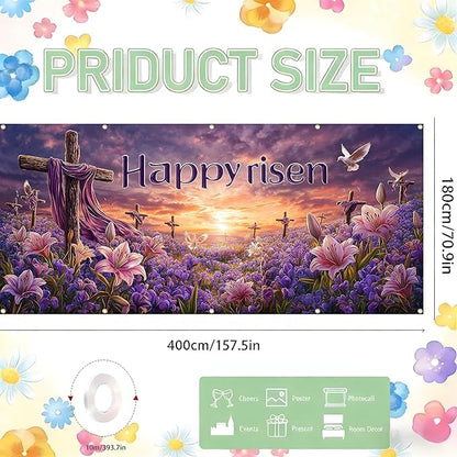Easter Garage Door Banner Cover, Easter Cross Flowers Spring Party Backdrop Decor, Garage Door Cover For Outdoor Yard Holiday Decoration
