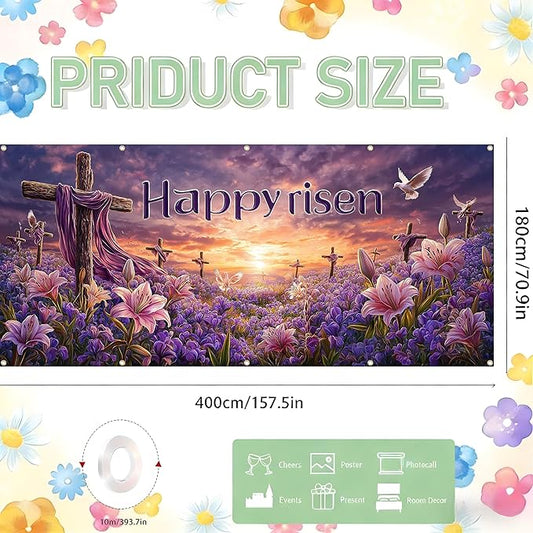 Easter Garage Door Banner Cover, Easter Cross Flowers Spring Party Backdrop Decor, Garage Door Cover For Outdoor Yard Holiday Decoration