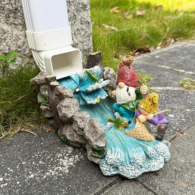 Gutter Downspout Extension Decoration Splash Block Gnome Outdoor Statues Garden Decor, 11.6" L x 6.9" W Larger Dwarf Gutter Downspout Garden Elf Sculpture Rain Concrete Pond Accessory, Gift for Mom