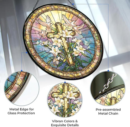 Easter Cross Stained Glass Window Hanging Sun Catcher Halloween Haning Ornament Decoration Christmas Birthday Gifts for Lover, Friends
