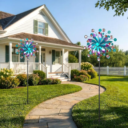 Solar Wind Spinner Outdoor - Metal Kinetic Wind Sculptures with Sparkling Jeweled Ornaments, Blue & Purple Gradient Dual-Direction Spinner, Solar LED Glass Ball Yard Art for Garden Patio Decor