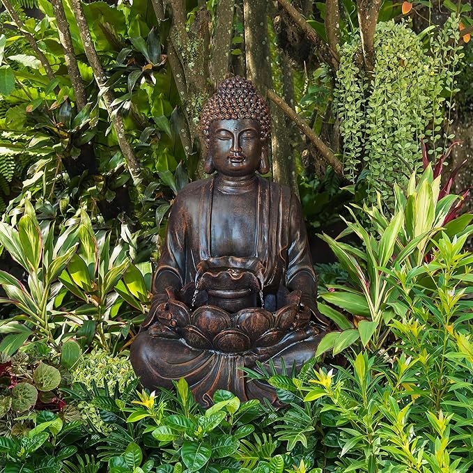 Glitzhome Buddha Statue 28" H, Outdoor Buddha Large Statue Zen Style Buddha Fountian with LED Light & Pump Polyresin Outdoor Floor Freestanding Fountain Garden Buddha Sculptures & Statues Lawn Décor