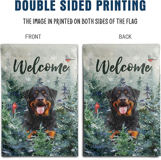 Welcome Winter Garden Flags Rottweiler Garden Flag Cardinal Birds on Snowy Pine Tree Flag Dog Yard Flags for Outside 12x18 Double Sided Christmas Decorative Lawn Flags