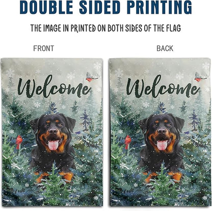 Welcome Winter Garden Flags Rottweiler Garden Flag Cardinal Birds on Snowy Pine Tree Flag Dog Yard Flags for Outside 12x18 Double Sided Christmas Decorative Lawn Flags