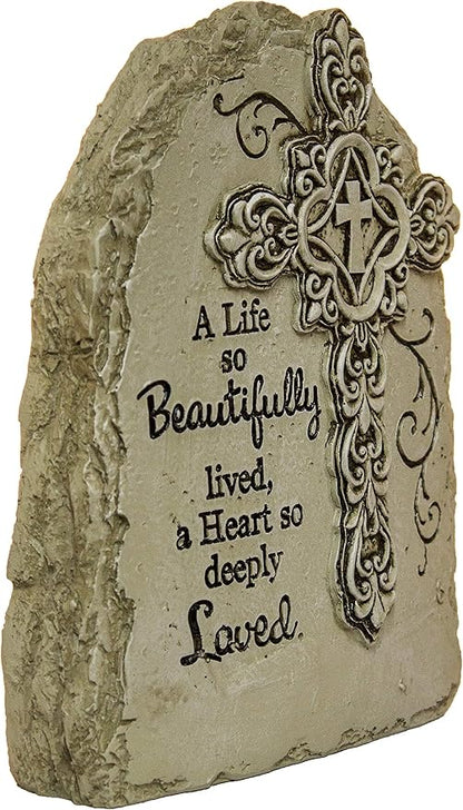 7.5 Inch Tall Memorial Cross Polystone Garden Stone (Beautifully)