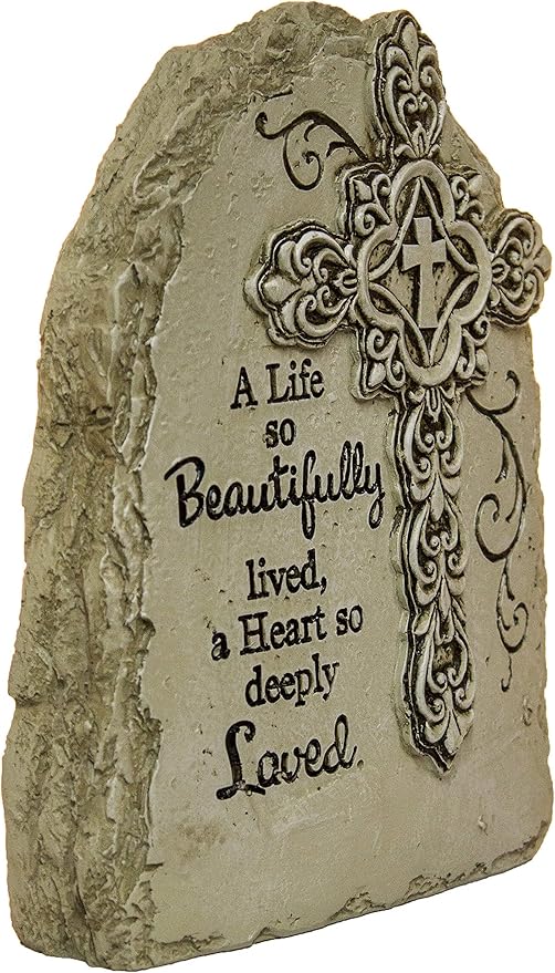 7.5 Inch Tall Memorial Cross Polystone Garden Stone (Beautifully)