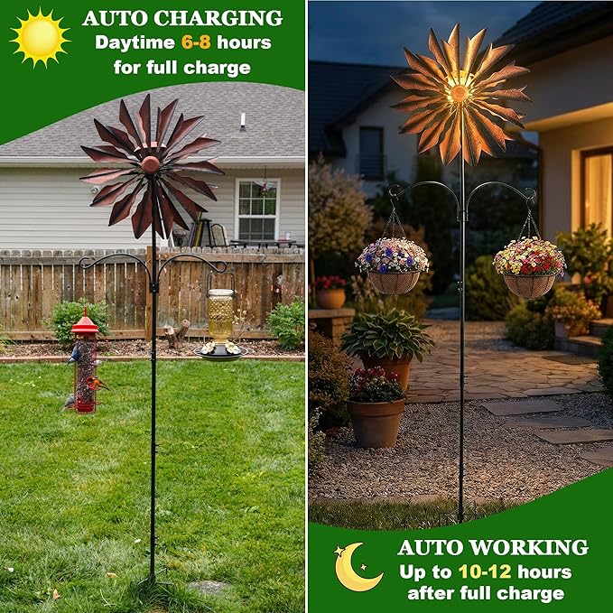 Yard Garden Wind Spinners - Large Outdoor Metal Wind Spinners with Stake, Yard Art Lawn Garden Decor Bronze-Colored Blade Rotator (25.5" W x 95" H)