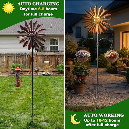 Yard Garden Wind Spinners - Large Outdoor Metal Wind Spinners with Stake, Yard Art Lawn Garden Decor Bronze-Colored Blade Rotator (25.5" W x 95" H)