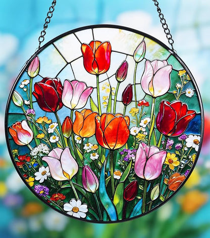 Stained Glass Window Hanging, Colorful Tulips Suncatcher 7.8 in Sun Catcher Glass Panel Boho Wall Art Decor with Chain Diamond Glass Panel Hangings Scenery Sun Catchers Decor for Lover Couple Mom