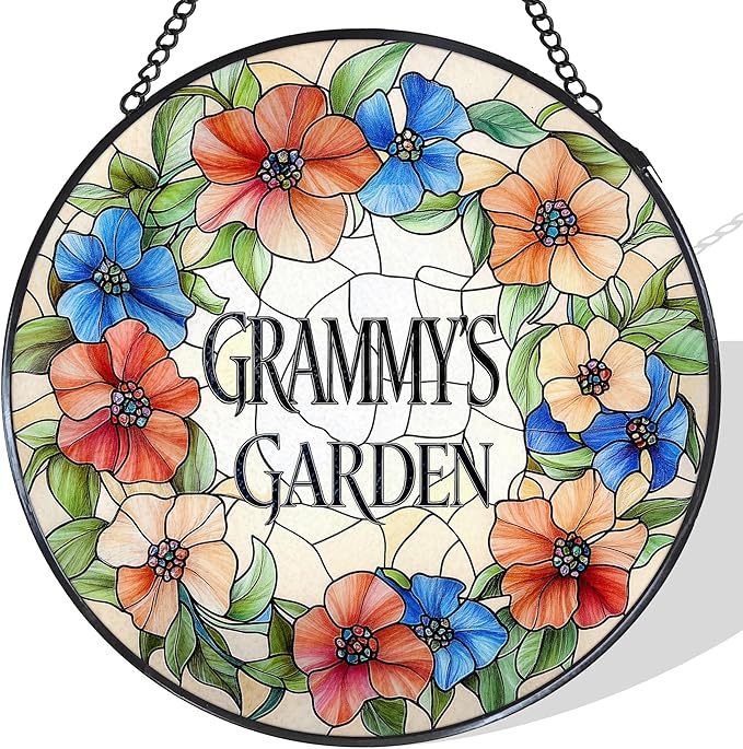 Grammy's Garden Floral Stained Glass Window Hanging Suncatcher for Grandma, Grammy Grandma Gifts Sun Catcher Wall Hanging Decoration for for Mothers Day Christmas Birthday, 7.8 x 7.8 in
