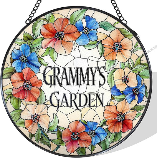 Grammy's Garden Floral Stained Glass Window Hanging Suncatcher for Grandma, Grammy Grandma Gifts Sun Catcher Wall Hanging Decoration for for Mothers Day Christmas Birthday, 7.8 x 7.8 in