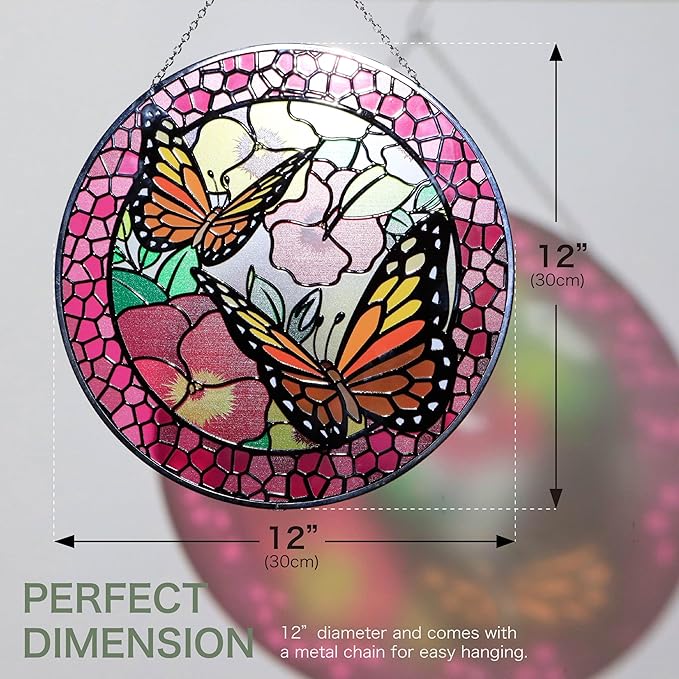 Hanway Suncatcher in Colorful Stained Glass 12" Dia - Genuine Brightly Colored Glass, Protective Metal Edge, Ready to Use Hanging Chain, for Window, Garden (Butterfly 2)