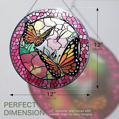 Hanway Suncatcher in Colorful Stained Glass 12" Dia - Genuine Brightly Colored Glass, Protective Metal Edge, Ready to Use Hanging Chain, for Window, Garden (Butterfly 2)