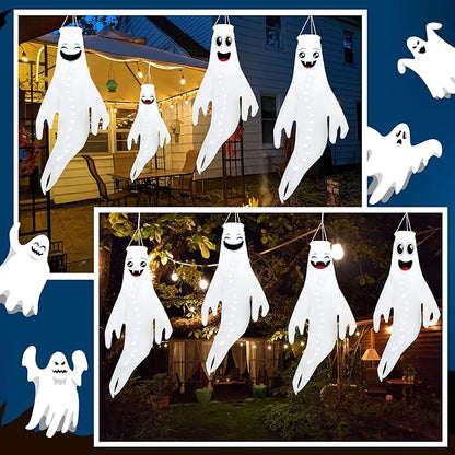 Geefuun 4PCS White Halloween Fierce Ghost Windsocks Hanging Decorations - Flag Wind Socks for Home Yard Outdoor Decor Party Supplies (Batteries Not Included,No Timer)