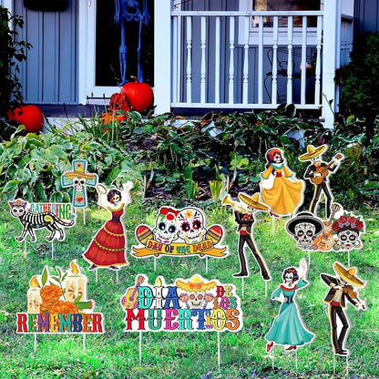 Amyhill 12 Pcs Day of the Dead Yard Decorations Halloween Outdoor Signs Decorations Dia De Los Muertos Decor Sugar Skull Sign Waterproof Mexican Fiesta Festival Party Supplies for Garden Lawn Patio
