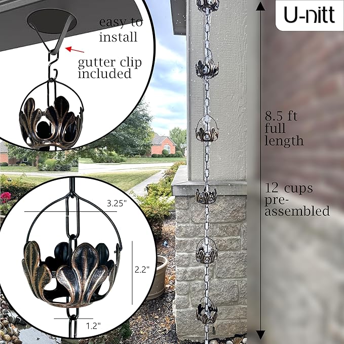 U-nitt Rain Chain Water Collection for Gutters Rainwater Catcher & Diverter, 8.5 FT Chains for Outside Garden, Antique Copper Cups, Roof Downspout, Works with Heavy Rain, w/Gutter Clip for Rainchains