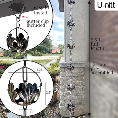 U-nitt Rain Chain Water Collection for Gutters Rainwater Catcher & Diverter, 8.5 FT Chains for Outside Garden, Antique Copper Cups, Roof Downspout, Works with Heavy Rain, w/Gutter Clip for Rainchains