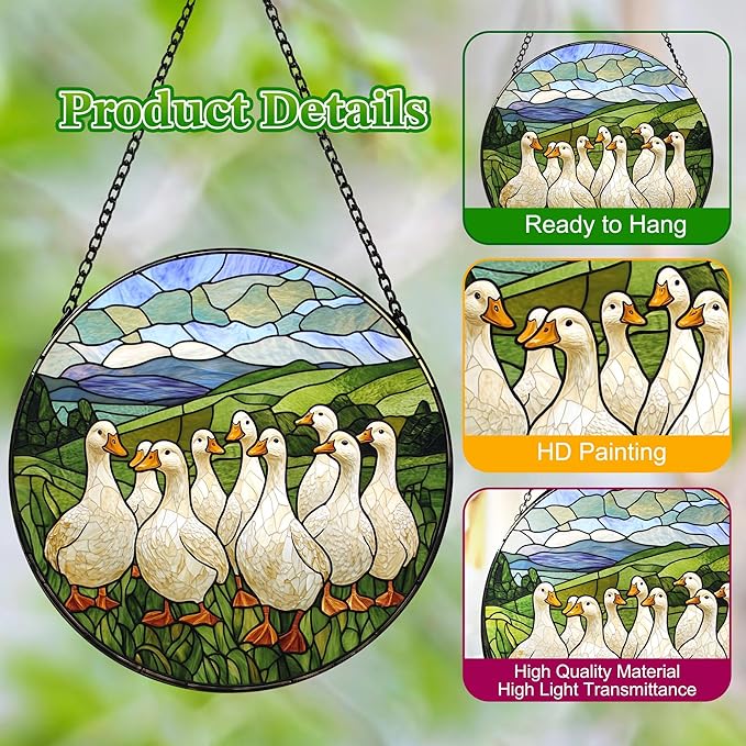 Stained Glass Window Hanging White Ducks Suncatcher Colored Glass Suncatcher for Indoor Garden Decoration Christmas Home Decor Gift for Women Men Wife Aunt and Mom 7.9in