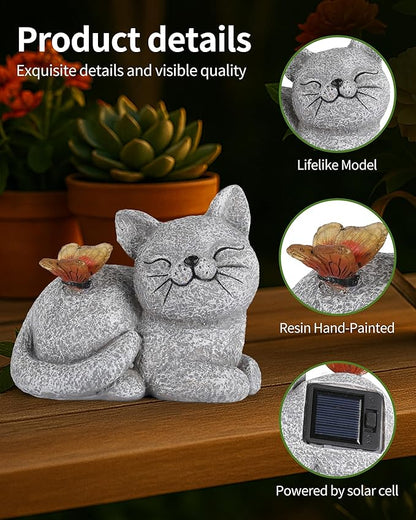 GoGnome Solar Cat Garden Statue with Butterfly Light – 5-Inch Outdoor Resin Figurine for Yard, Patio, Balcony – Gifts for Women, Garden Decor Accent (Cat)