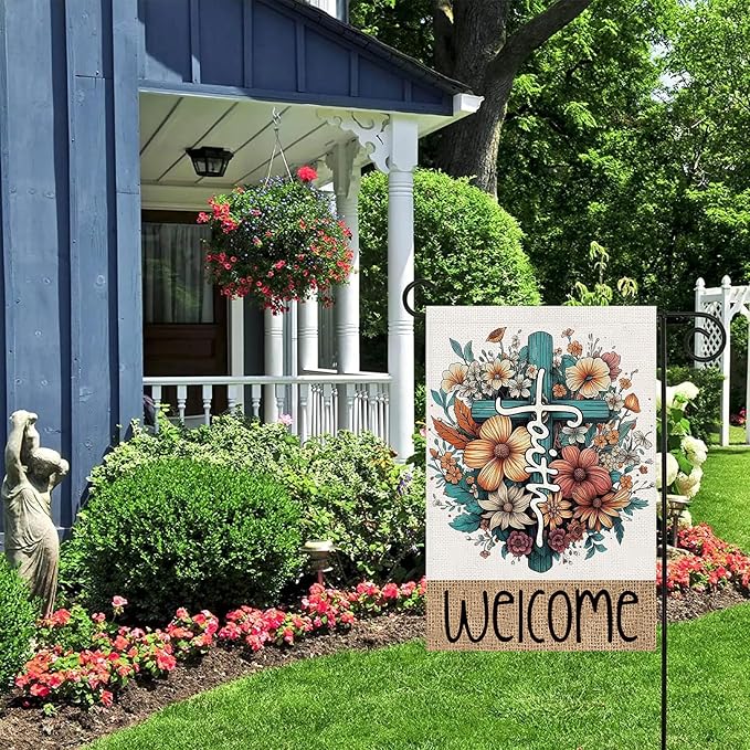 Welcome Cross Flowers Garden Flags 12x18 Vertical Double Sided, Easter Spring Summer Yard Flag for Outside Religious Decor, He Is Risen Holiday Outdoor Seasonal Decorations for Home