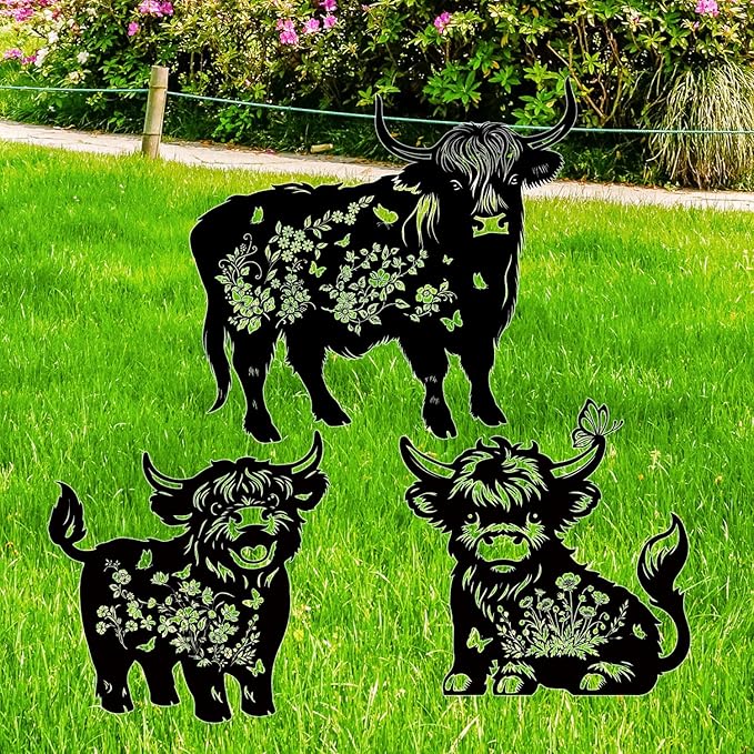 Rngmsi Highland Cow Garden Stakes Decorations 3PCS Cow Metal Silhouette Statues Garden Decor for Lawn Ornaments and Yard Art Supplies, Cow Gifts for Women Men Highland Cow Lovers