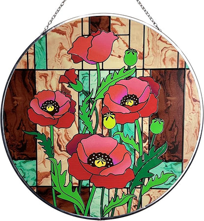 Hanway Suncatcher in Colorful Stained Glass 12" Dia - Genuine Brightly Colored Glass, Protective Metal Edge, Ready to Use Hanging Chain, for Window, Garden (Poppy Flower)