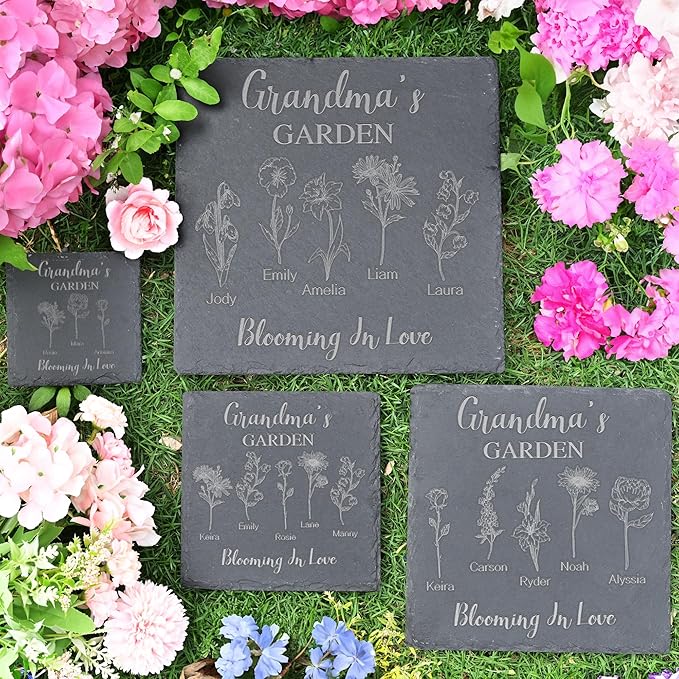 Personalized Garden Stone with Birth Month Flower Personalized Gifts for Grandma, Mom, Her, Women - Gifts for Mothers Day, Birthday, Christmas, Valentines - Birth Flower Garden Gift