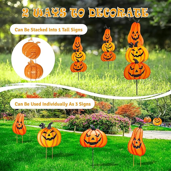 Halloween Metal Pumpkin Yard Stakes, Stackable Pumpkin Signs Garden Stake with Witch Door Hanging, Outdoor Halloween Decorations for Lawn Party (Set of 3, Style A)