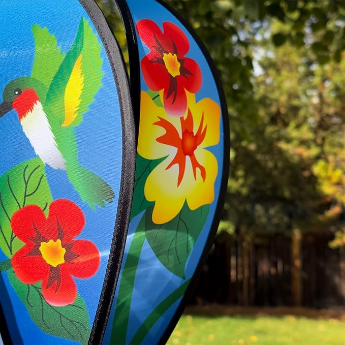 In the Breeze Hummingbird Flowers 6-Panel Kinetic Hot Air Balloon Wind Spinner,11" W x 17" H, 26" Tail,1047